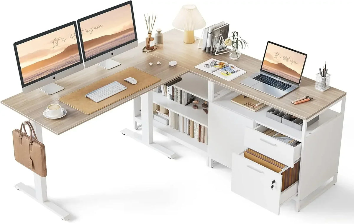 L-Shaped Executive Standing Desk with File Cabinet and Shelves, Electric Height Adjustable, Light Walnut
