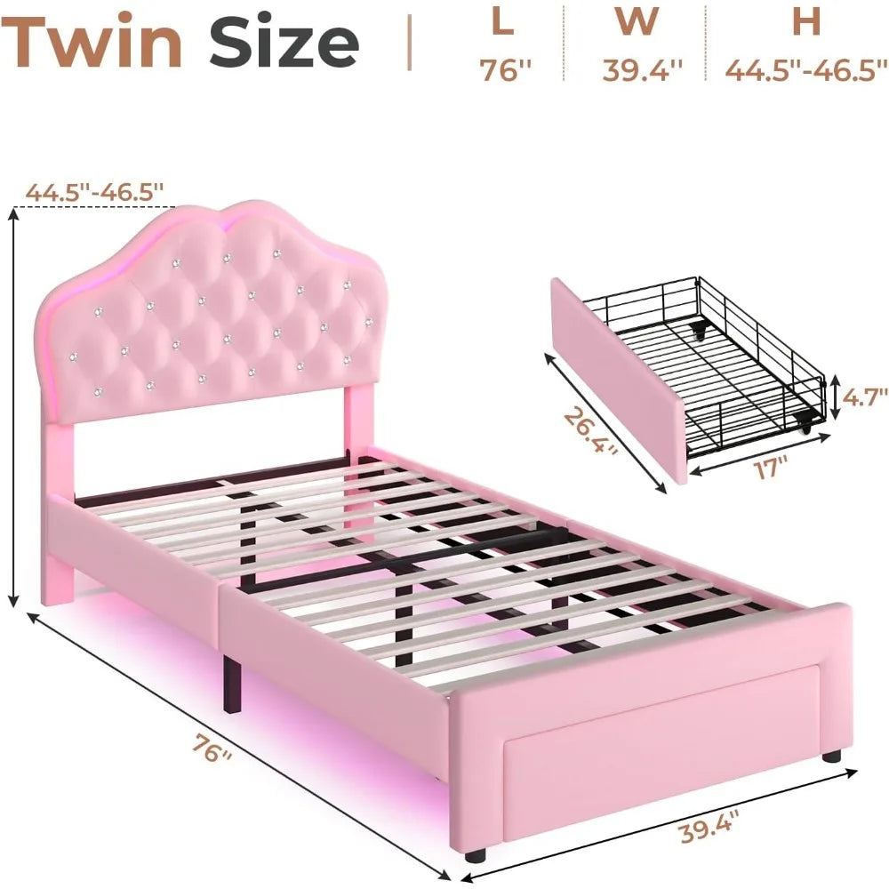 FurnishSpot Twin Size LED Upholstered Platform Bed for Girls, Adjustable Velvet Crystal Button Headboard with Storage Drawer