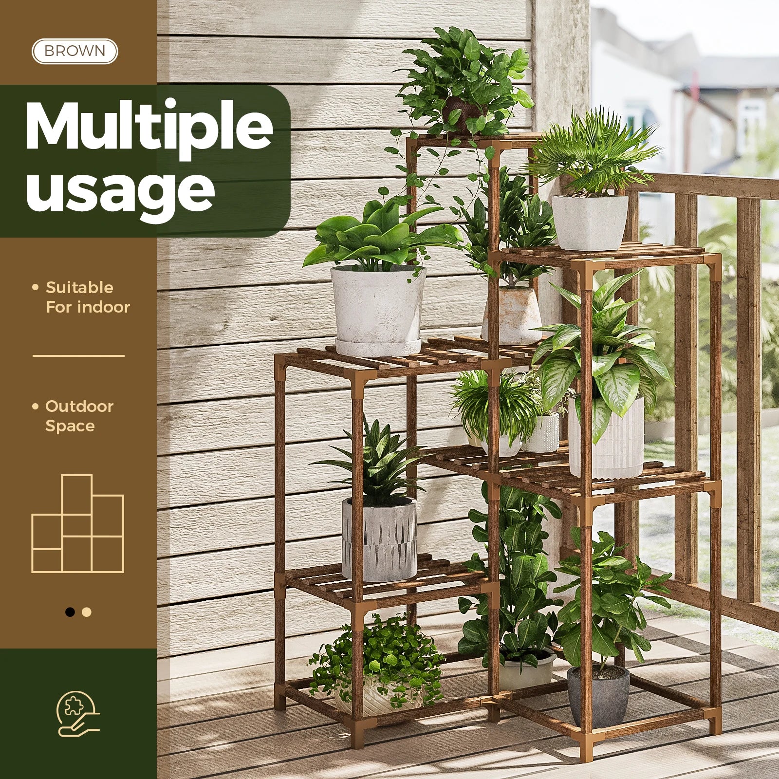 Smartspace™ 6-Tier Corner Wooden Plant Stand – Vertical Carbonized Wood Plant Shelf