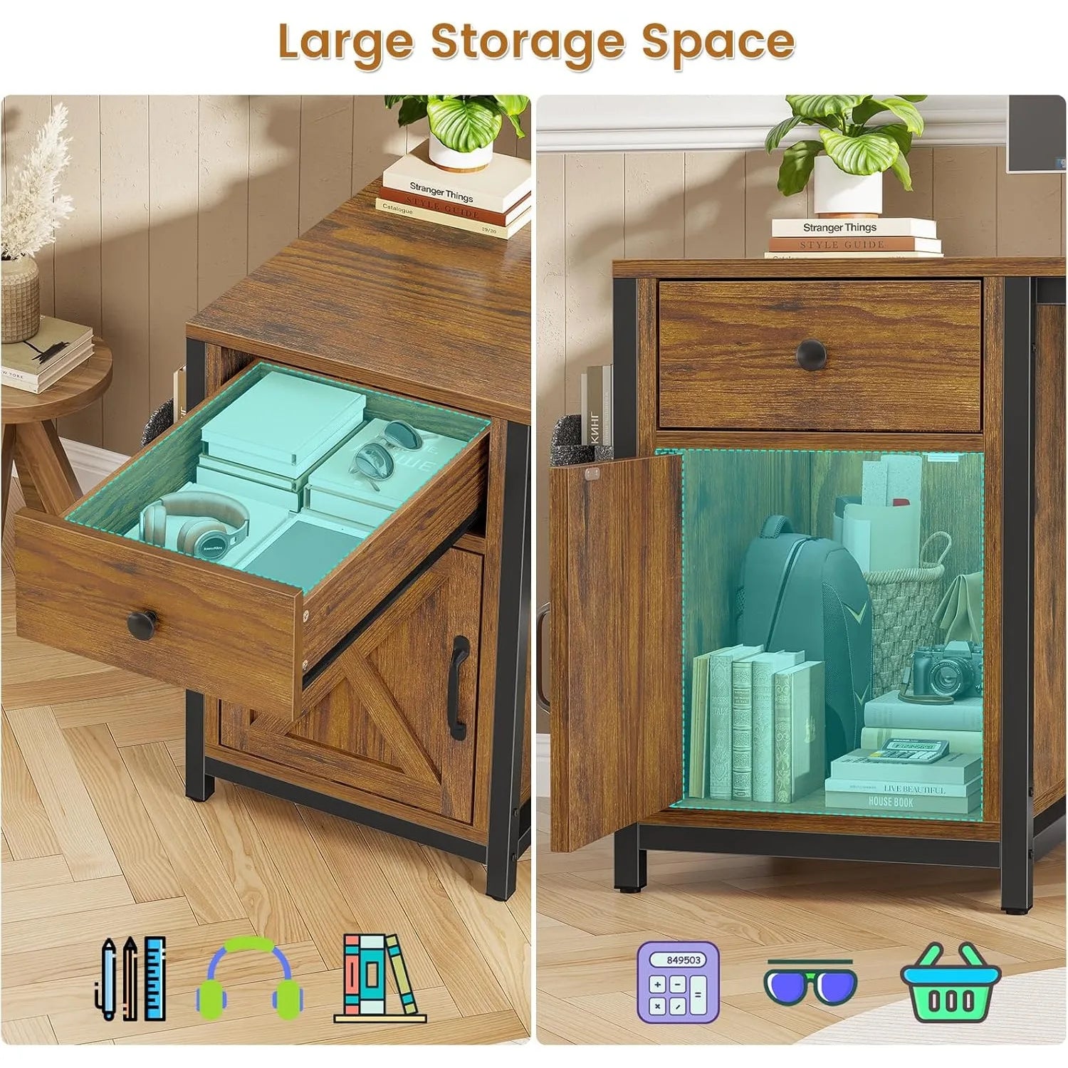 63" L Shaped Farmhouse Convertible Desk with Drawer, Power Strip & Storage Cabinet