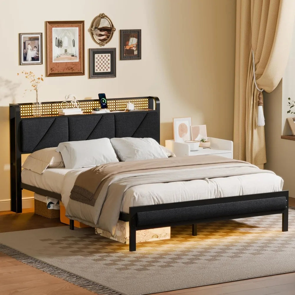 Queen Size Bed Frame with Headboard and LED Lights, Upholstered Bedframe with Charging Station and USB Port, Platform Metal