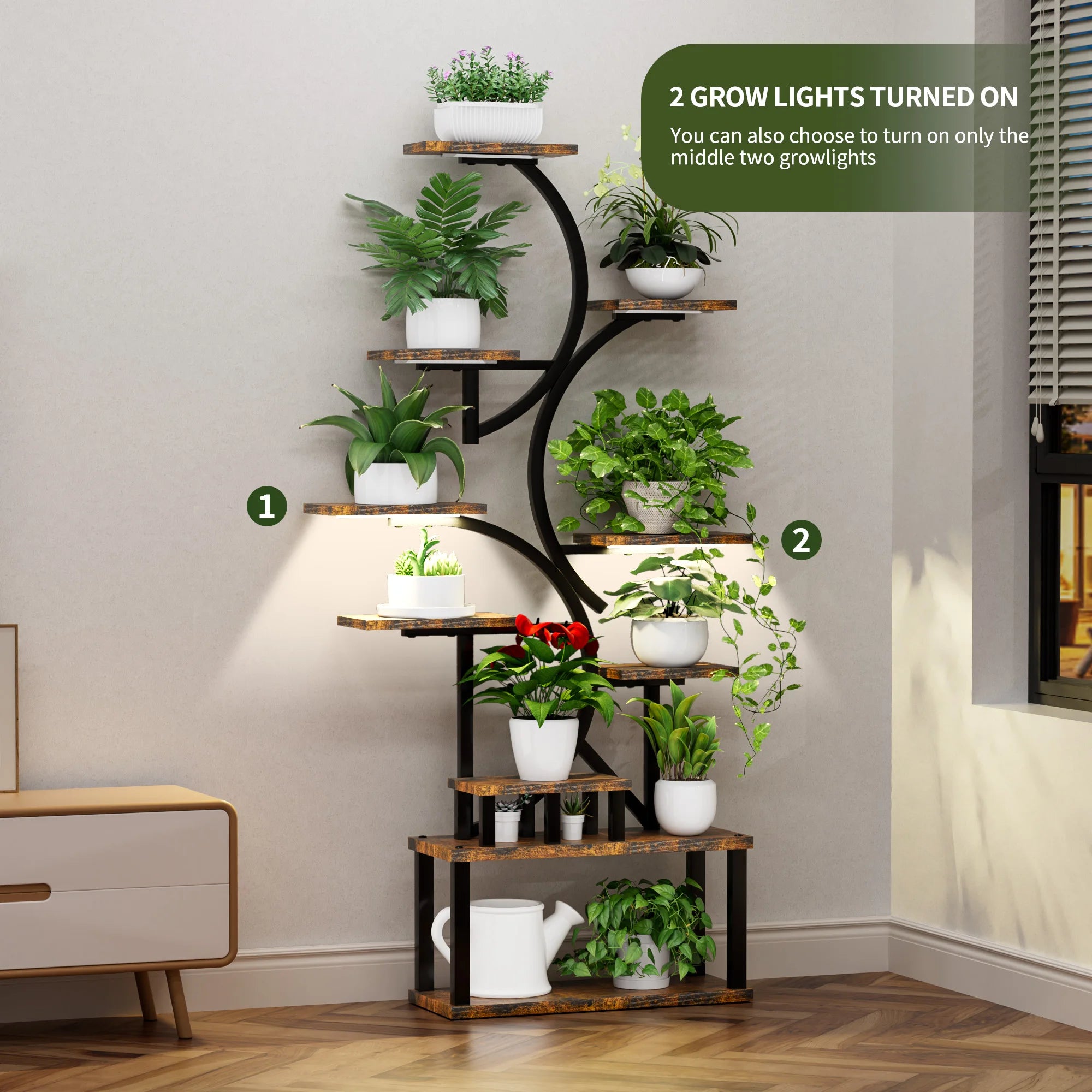 10-Tier Plant Stand with Grow Lights,S-Shaped Corner plant pack for Indoor Plants in Living Room,Garden,Patio,Deep Rustic Brown