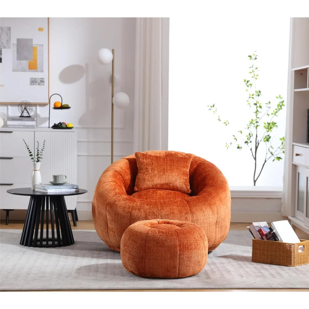 Modern Extra Large Round Bean Bag Chair with Footrest – Stylish Chenille Fabric, High-Density Memory Foam, Ultimate Comfort