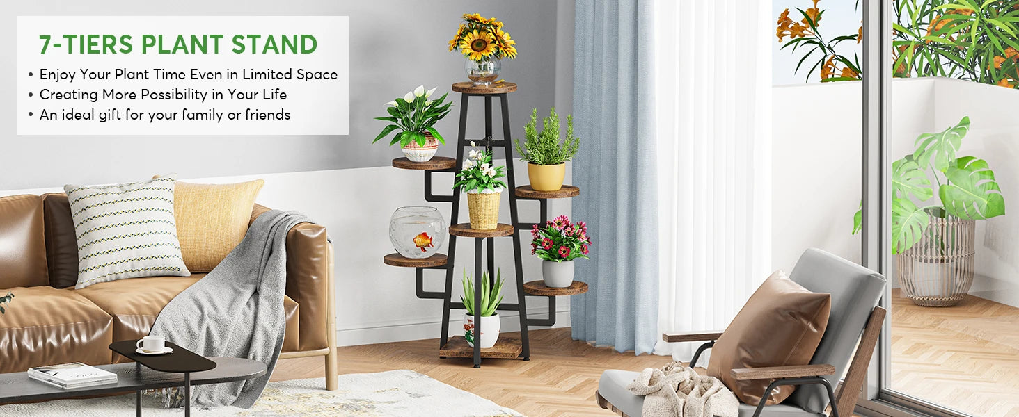 7 Tier Display Stand, Wooden Corner Plant Pots Holder  ,Tall Shelf Planter Organizer for Living Room Balcony Garden