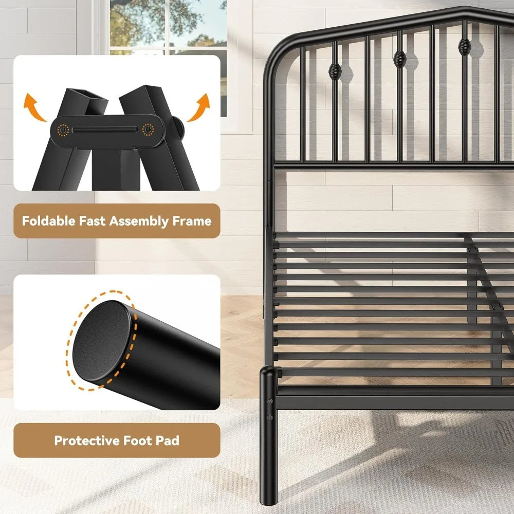 14 Inch Queen Bed Frame, Sturdy Rustic Metal Bed Frame Queen Size, Queen Bed Frame with Headboard and 12.5" Under