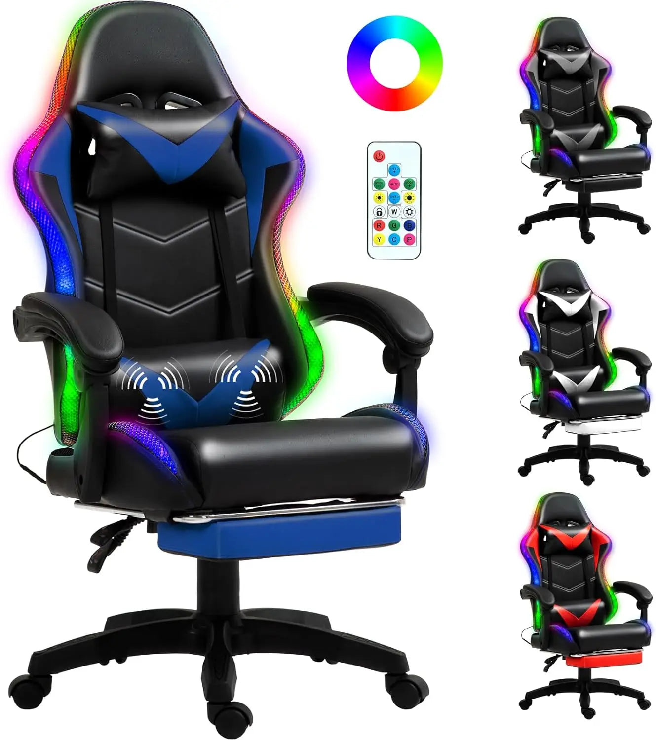 Racing Style RGB LED Lights Gaming Chairs for Adults and Kids with Lumbar Massager