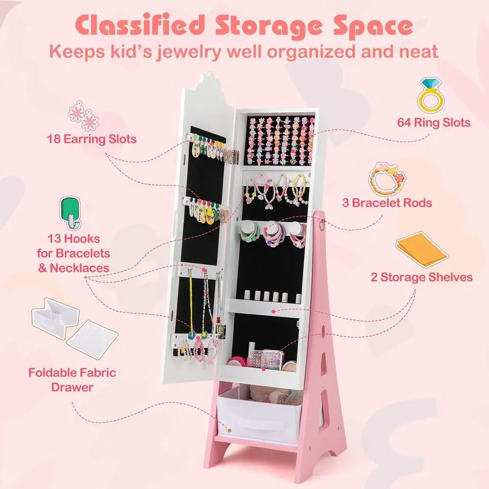 Children’s Wooden Standing Jewelry Cabinet with Full-Length Mirror & Storage Drawers – White