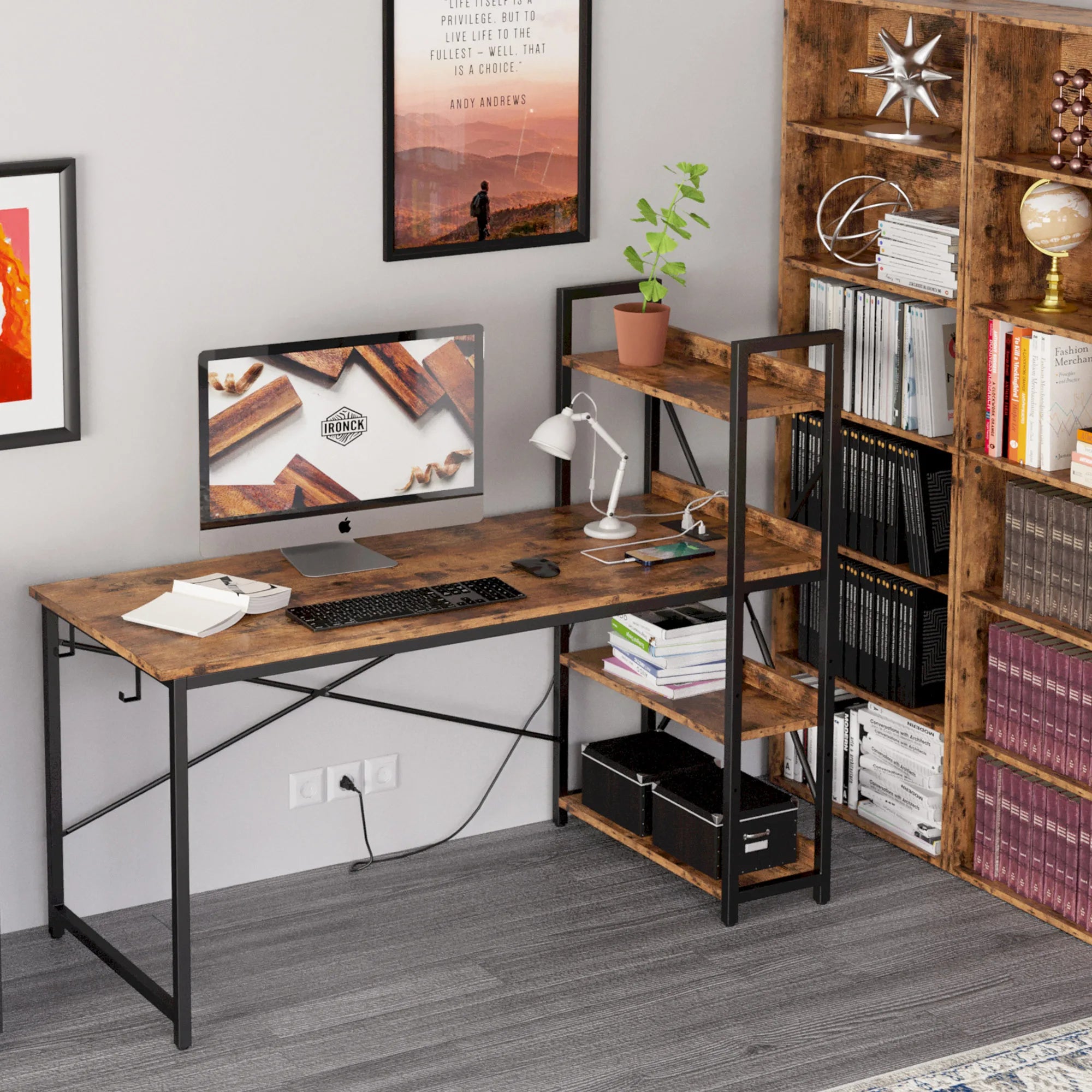 Compact Computer Desk with Power Outlet & Storage Shelves