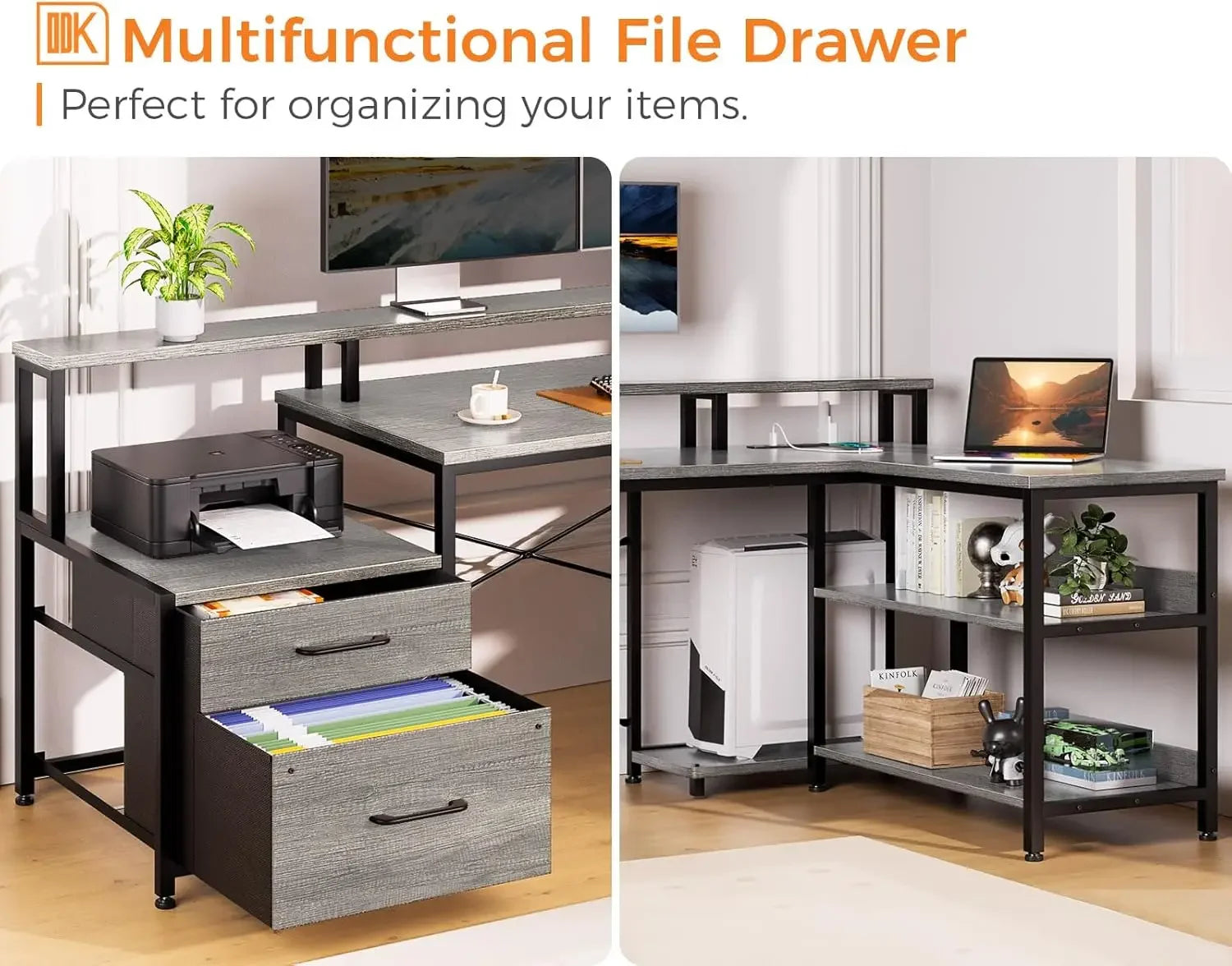 L Shaped Desk with File Drawer, 75" Reversible L Shaped Computer Desk with Power Outlet & LED Strip, Corner Desk, Grey Oak