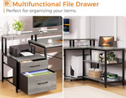 L Shaped Desk with File Drawer, 75" Reversible L Shaped Computer Desk with Power Outlet & LED Strip, Corner Desk, Grey Oak