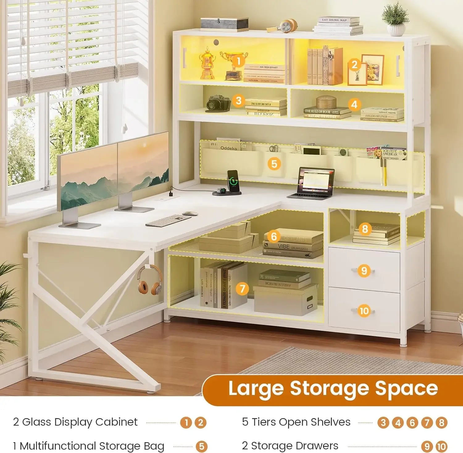 L Shaped Gaming Corner Desk with 2 Drawer and Bookshelf and LED Light