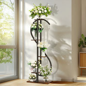 5-Tier S-Shaped Metal Plant Stand with MDF Shelves – Decorative Indoor & Outdoor Plant Display for Balcony, Living Room, Garden, Patio, or Porch