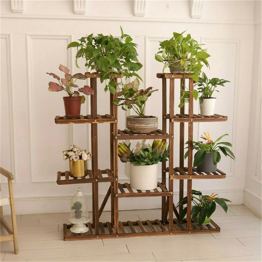 9-Tier Pine Wood and Metal Plant Stand – Indoor & Outdoor Planter Display Rack for Flowers, Bonsai, Succulents, Garden, Balcony, Living Room