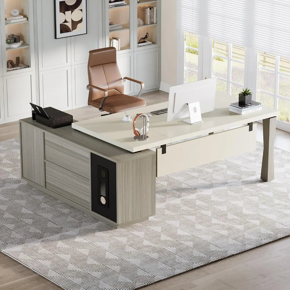 78.7-inch executive desk, large L-shaped desk with cabinets and storage shelves, family office desk, business furniture set