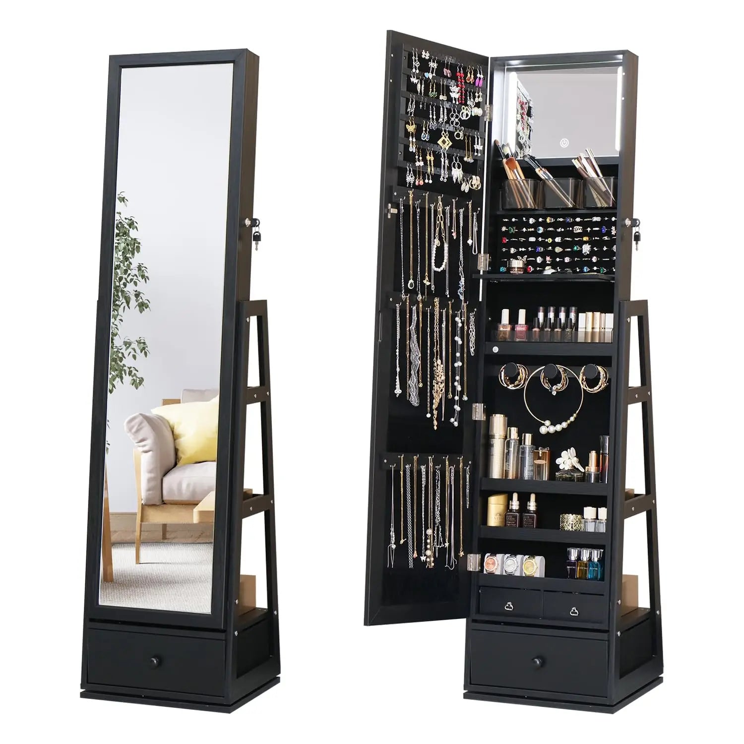 63.7" Lockable Rotating Jewelry Armoire with Full Length Mirror | Standing Storage Cabinet