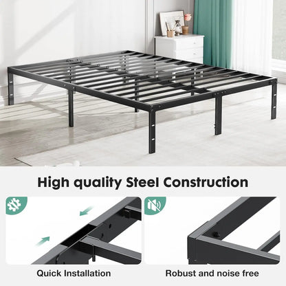 14 Inch High Full-size bed frame - Large heavy-duty metal platform beds frames w/storage space at the bottom, Full bed frame