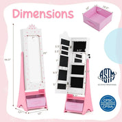 LED Lighted, Lockable Freestanding Kids Jewelry Armoire with Full-Length Mirror and Storage Drawers for Little Girls (White)