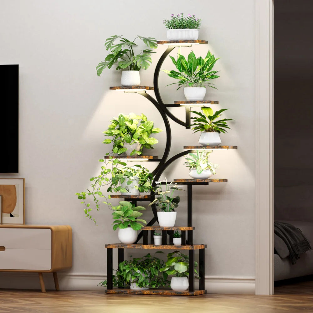 10-Tier Plant Stand with Grow Lights,S-Shaped Corner plant pack for Indoor Plants in Living Room,Garden,Patio,Deep Rustic Brown