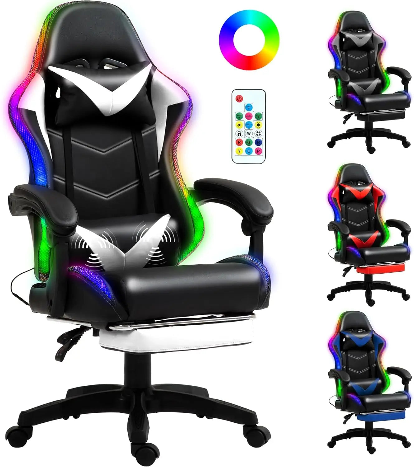 Racing Style RGB LED Lights Gaming Chairs for Adults and Kids with Lumbar Massager