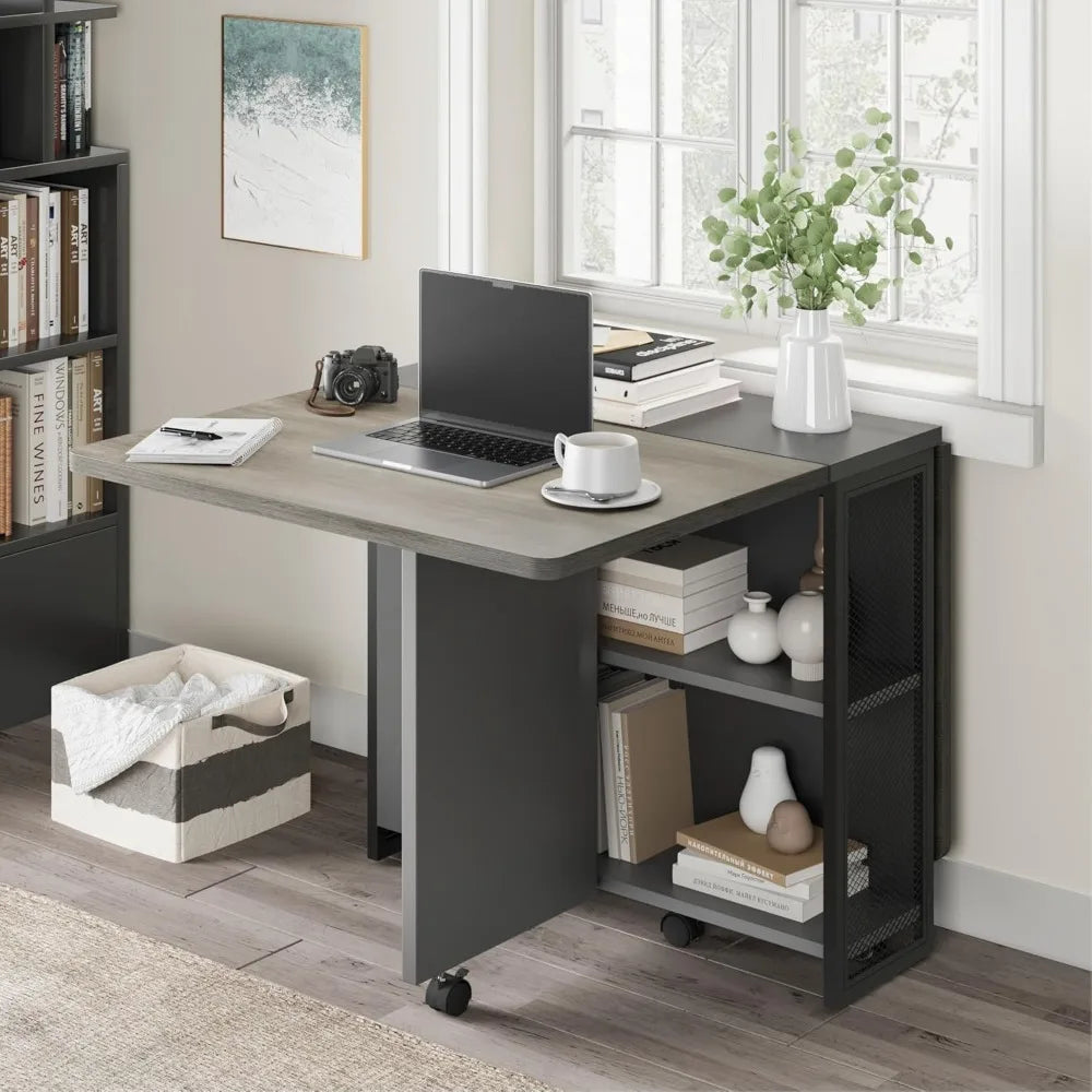 Folding Dining Table for 4, 2 Storage Shelf, Space Saving Table