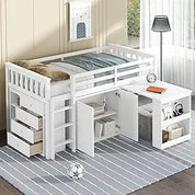 Playful Design Full Size Low Loft Bed with Slide and 3 Storage Drawers, Multiple Functions Wooden Loft Bed Frame with 2 Doors fo
