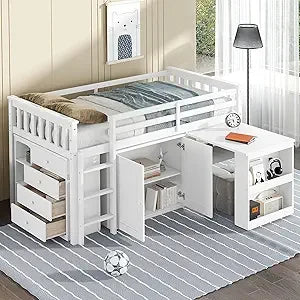 Playful Design Full Size Low Loft Bed with Slide and 3 Storage Drawers, Multiple Functions Wooden Loft Bed Frame with 2 Doors fo