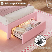 Twin Size Girl Bed with Storage Drawer,Upholstered Platform Bed,Adjustable Headboard with Velvet Crystal Button Princess BedPink