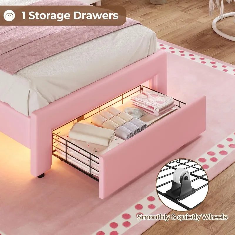 Twin Size Girl Bed with Storage Drawer,Upholstered Platform Bed,Adjustable Headboard with Velvet Crystal Button Princess BedPink