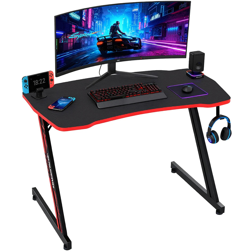 39 Inch Gaming Desk, Z Shaped Ergonomic Computer Gaming Workstation, Ergonomic Gaming Table with Headphone Hook for Game Players