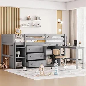 Playful Design Full Size Low Loft Bed with Slide and 3 Storage Drawers, Multiple Functions Wooden Loft Bed Frame with 2 Doors fo