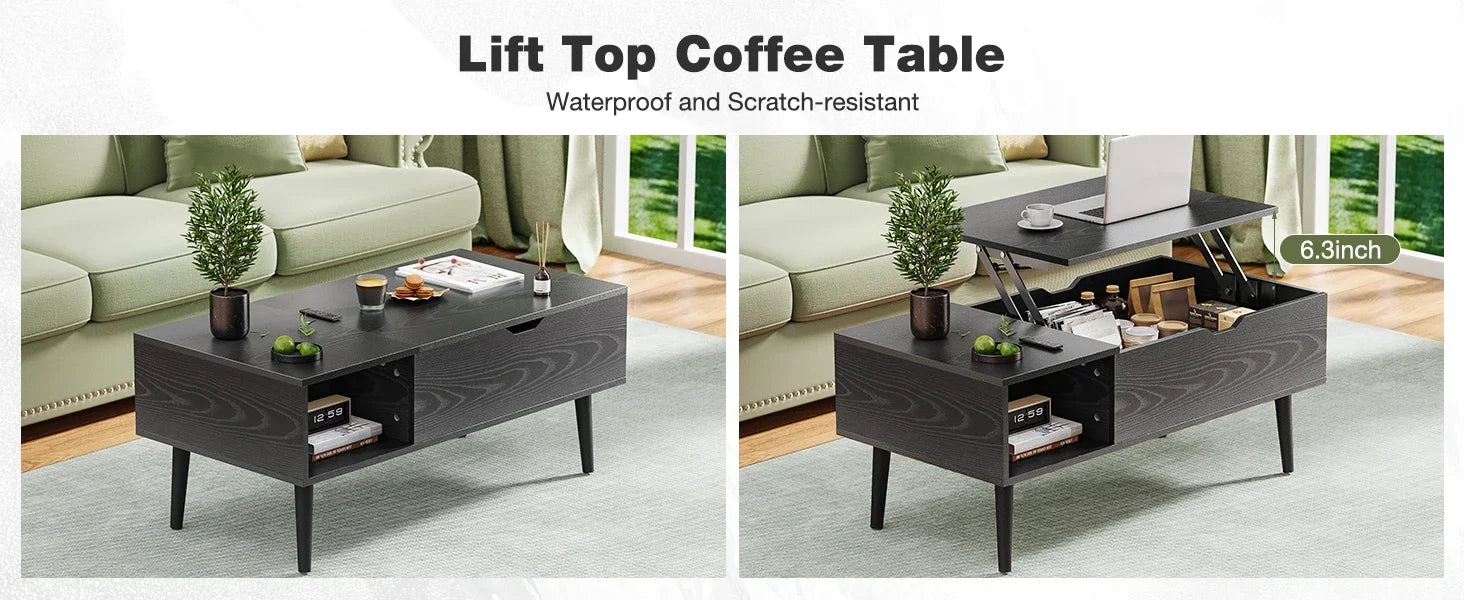 Wooden Coffee Table, Lift Top Coffee Table with Large Hidden Compartment and Shelf, Lift Tabletop Dining Table for Living Room