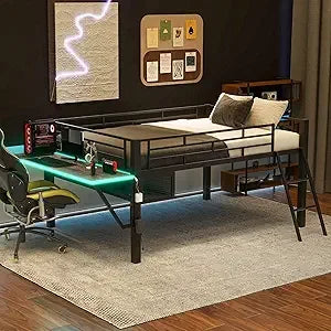 Playful Design Full Size Low Loft Bed with Slide and 3 Storage Drawers, Multiple Functions Wooden Loft Bed Frame with 2 Doors fo