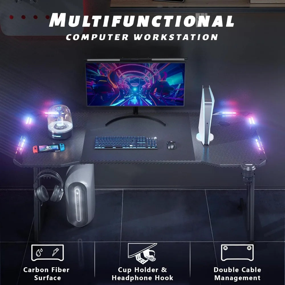 Ergonomic Gaming Desk with LED Lights and Carbon Fiber Surface