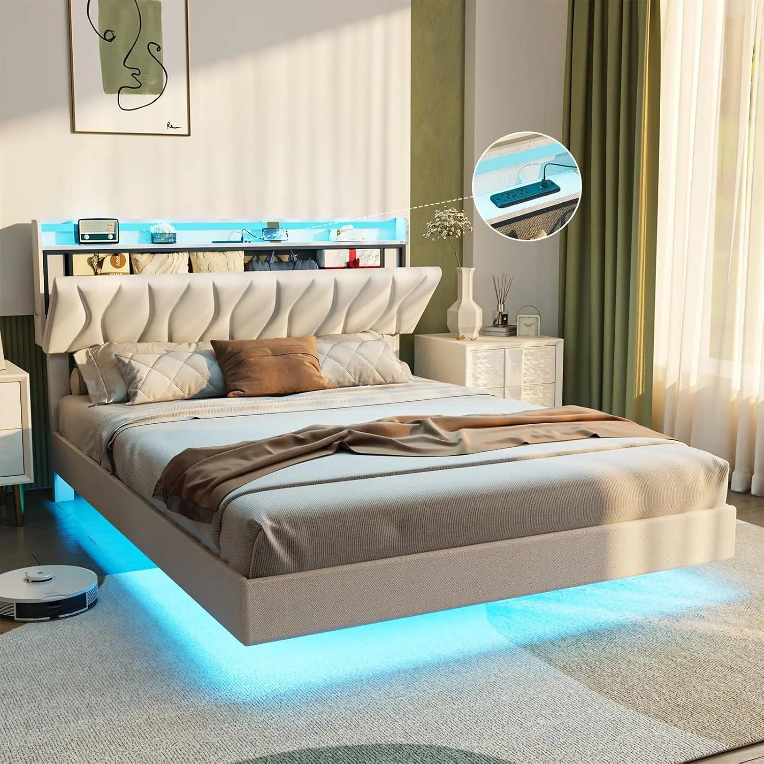 Vabches Floating Queen Bed Frame With Storage Headboard&LED Light Bed Frame with Charging Station Upholstered Platform Bed Frame