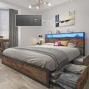 Queen Bed Frame with 2-Tier Storage Headboard, Metal Frame with 4 Storage Drawers, and Built in Charging