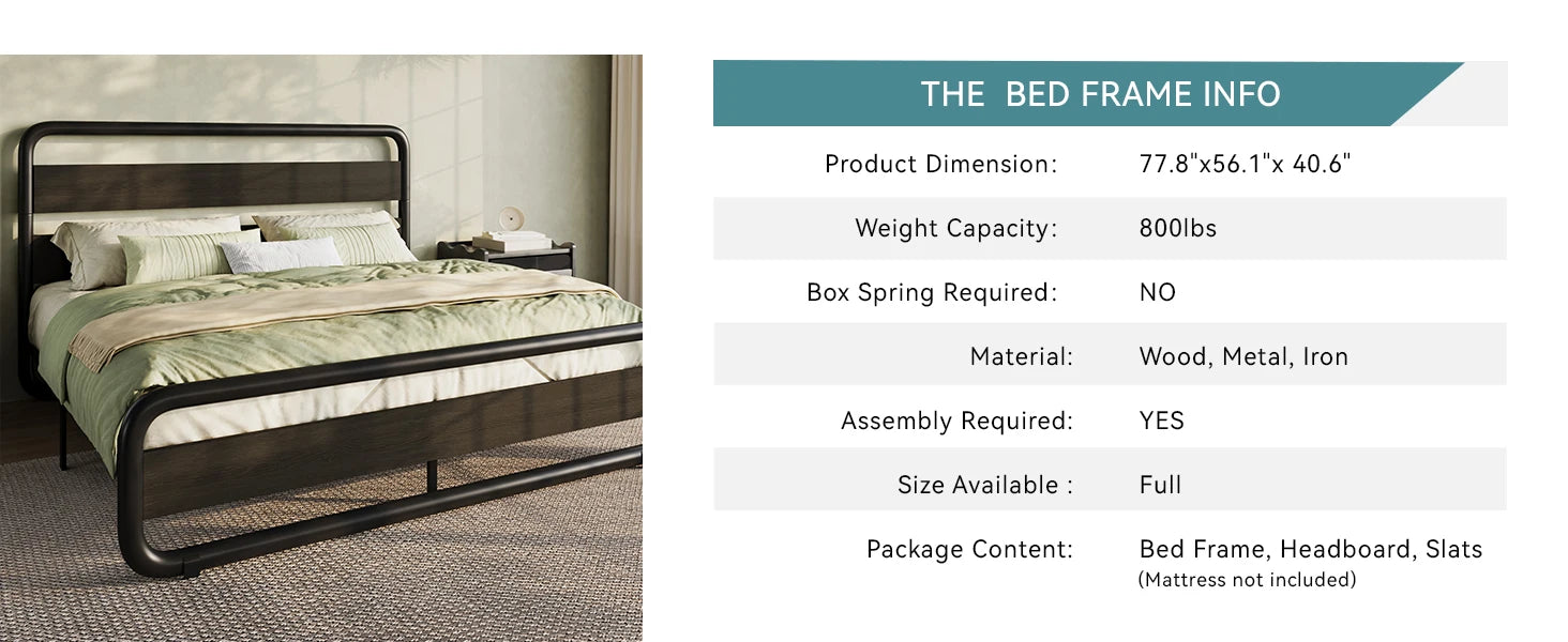 Metal Bed Frame with Curved Wooden Headboard & Footboard