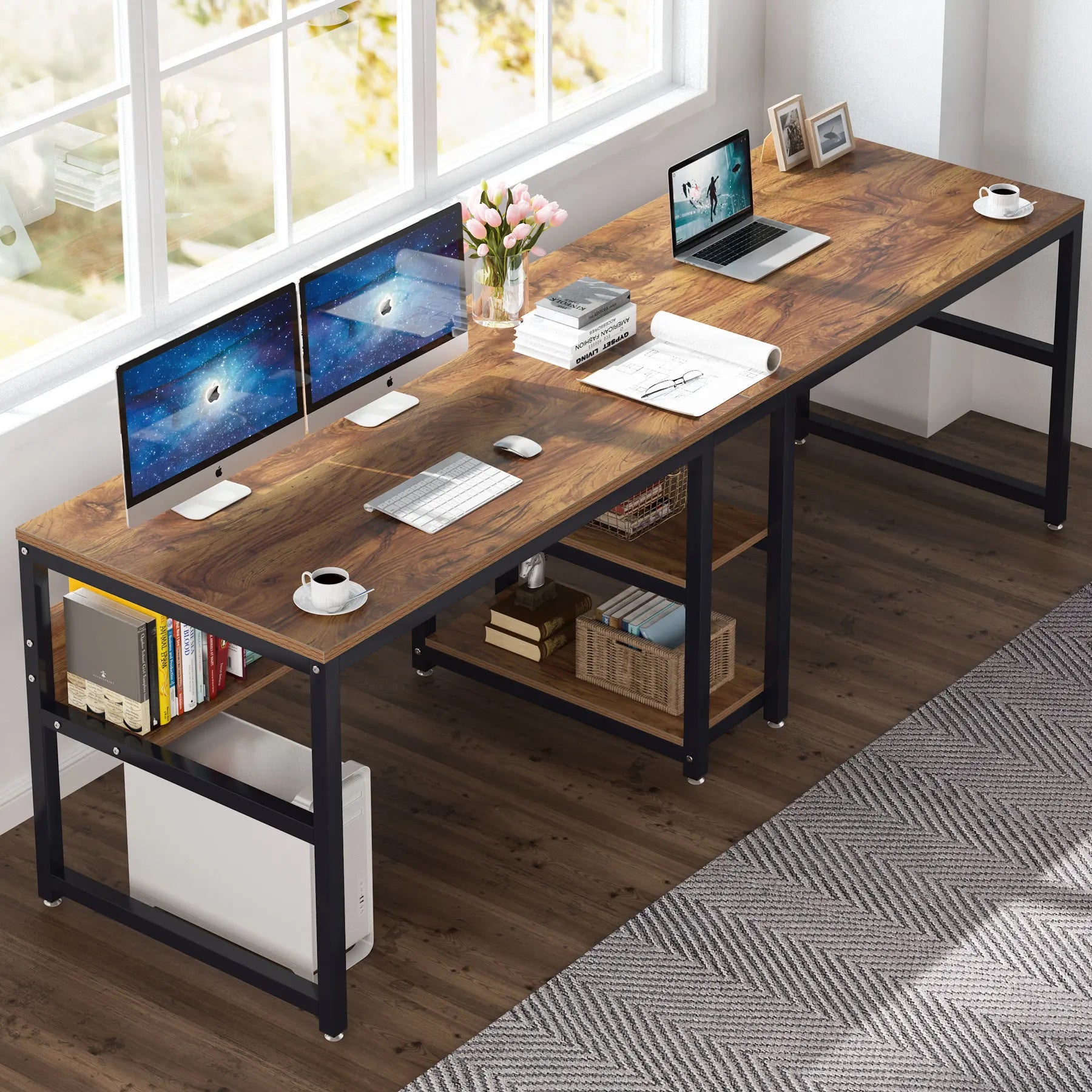 FurnishSpot® Wooden Computer Desk with Storage Cabinet – Mahogany Finish