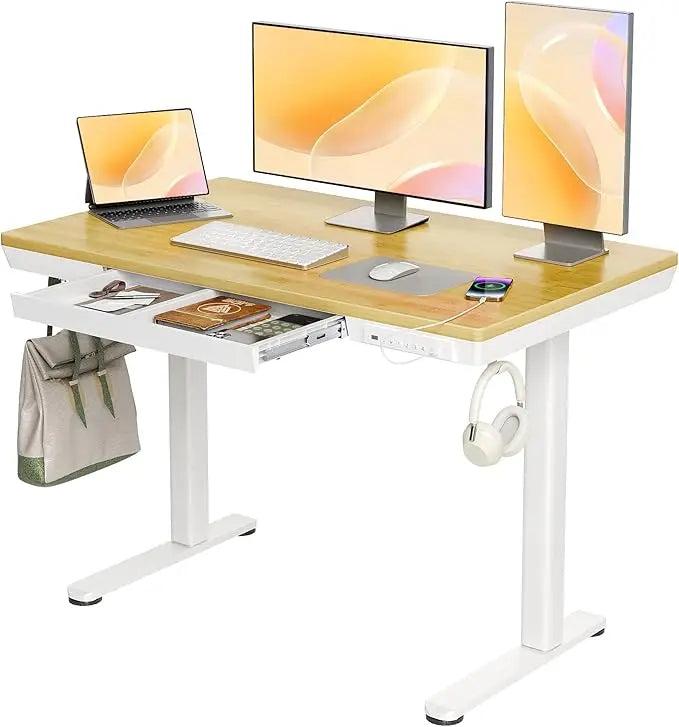 Glass Standing Desk with Drawers, 40 Inch Adjustable Stand Up Desk, Quick Install Home Office Computer Desk with USB Ports, Blac