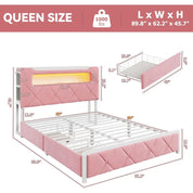 Queen Upholstered LED Bed Frame with 2 Storage Drawers and 2-Tier Storage Headboard,Velvet Princess Platform Bed with Charging