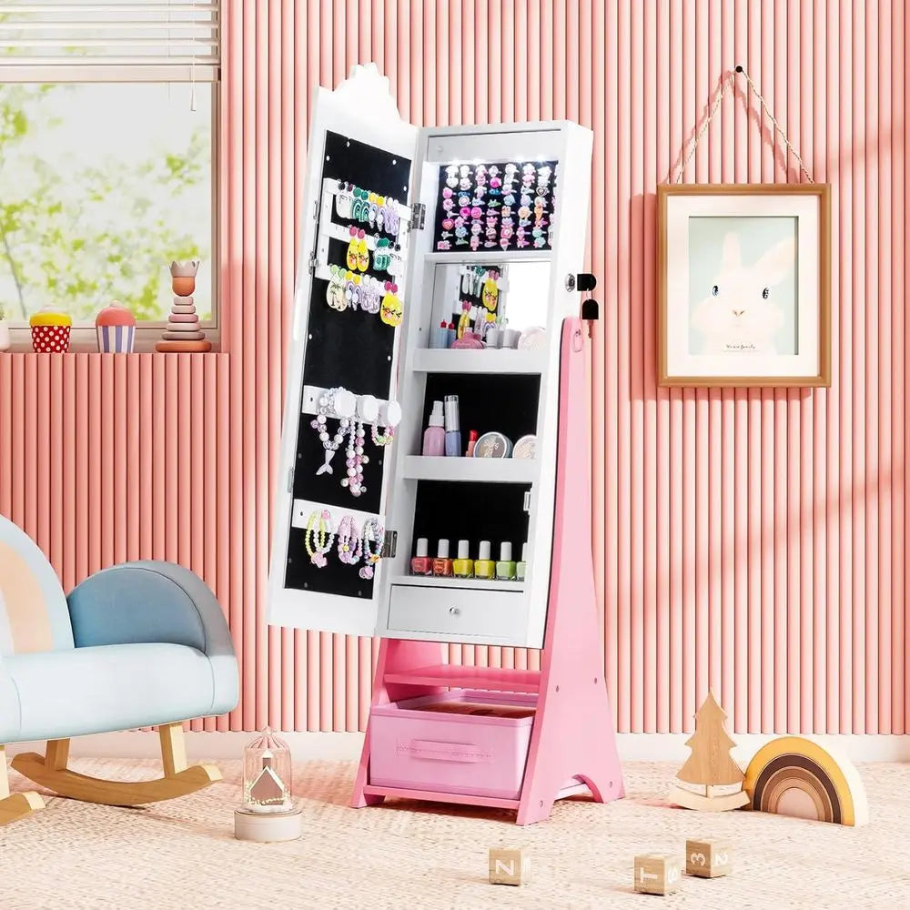 LED Lighted, Lockable Freestanding Kids Jewelry Armoire with Full-Length Mirror and Storage Drawers for Little Girls (White)