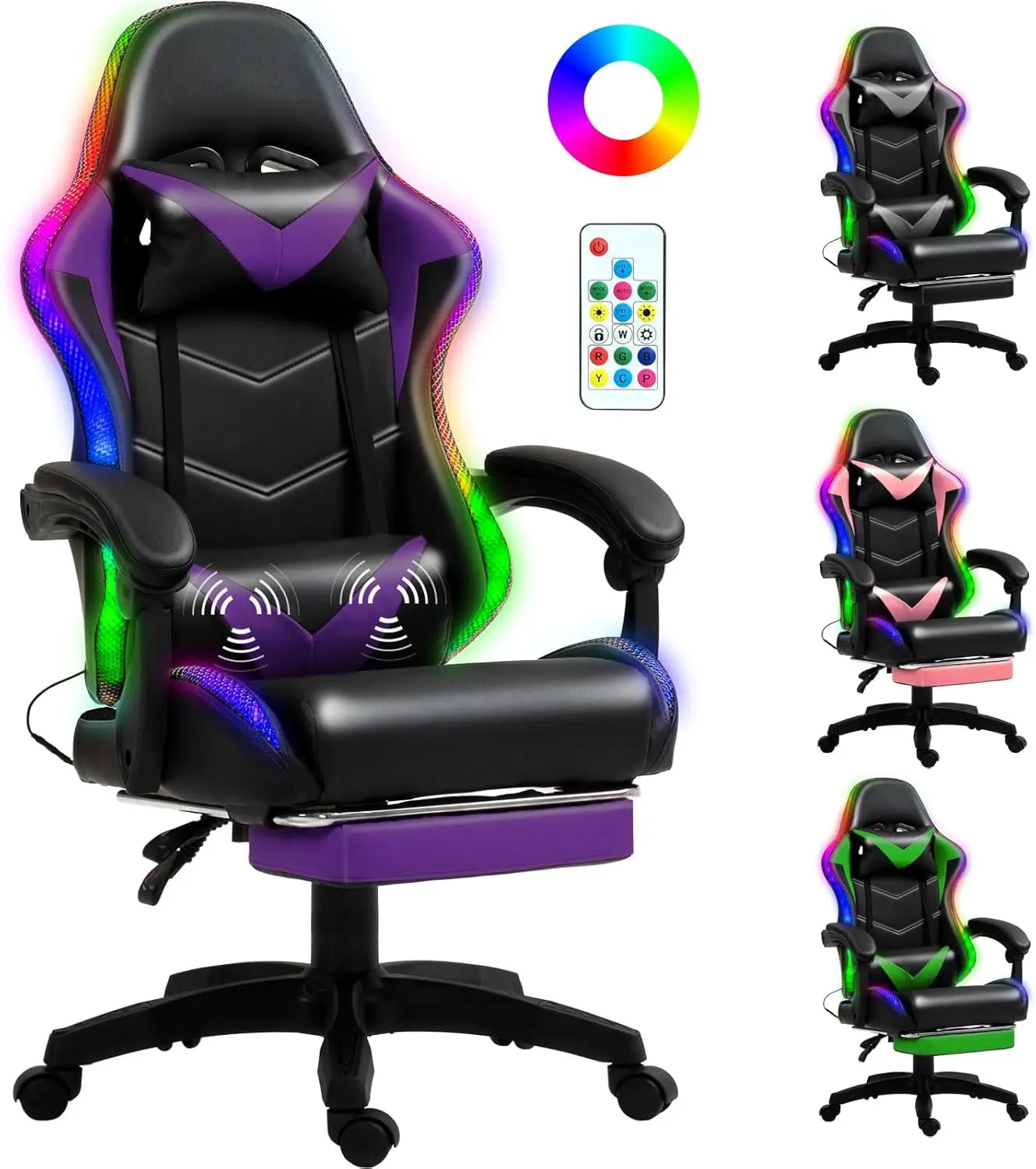 Racing Style RGB LED Lights Gaming Chairs for Adults and Kids with Lumbar Massager