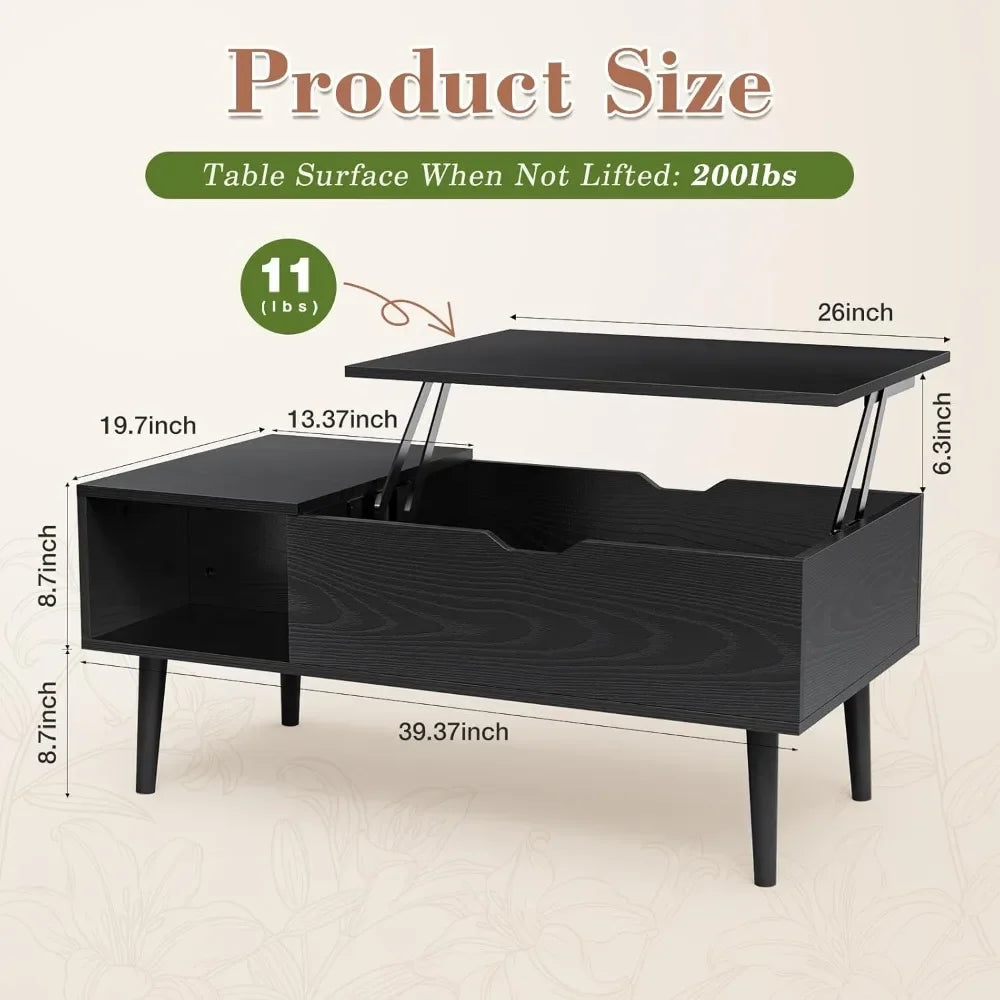 Wooden Coffee Table, Lift Top Coffee Table with Large Hidden Compartment and Shelf, Lift Tabletop Dining Table for Living Room