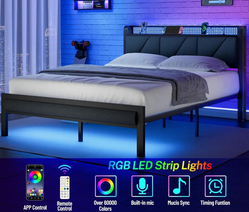 Queen Size Bed Frame with Headboard and LED Lights, Upholstered Bedframe with Charging Station and USB Port, Platform Metal