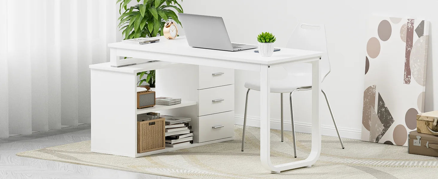 L-Shaped Desk with Drawers and Shelves, 55" Craft Desk with Storage, Removable Monitor Stand, Reversible L-Shaped Desk
