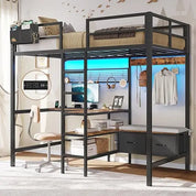Twin Loft Metal Bed with L-Shaped Desk, Charging Station, LED Lights, and Storage Shelves