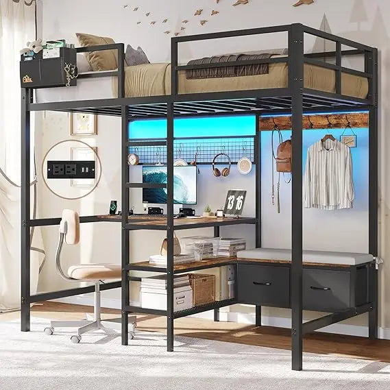 Twin Loft Metal Bed with L-Shaped Desk, Charging Station, LED Lights, and Storage Shelves