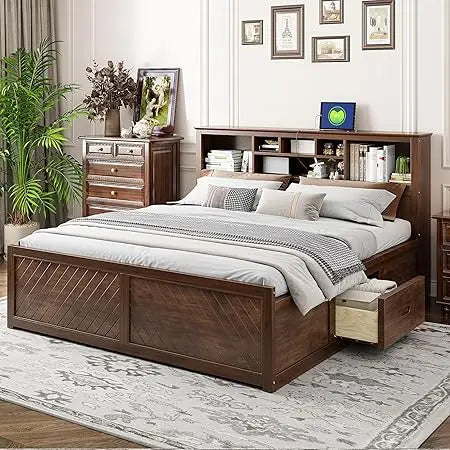 Harper & Bright Designs King Size Platform Bed with Bookcase Headboard and Storage Drawers, Wood King Storage Bed Frame with USB