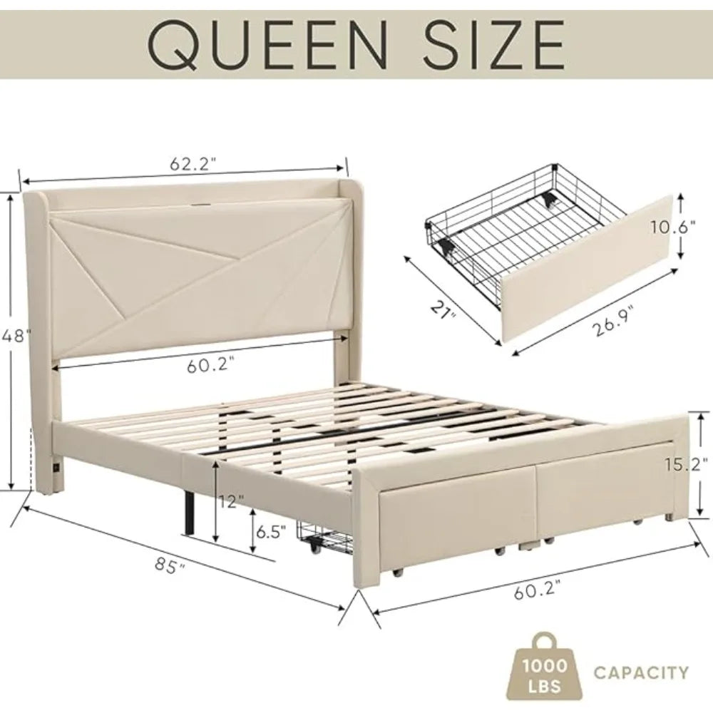 Upholstered Bed Frame w/Charging Station&2 Storage Drawers, Upholstered Headboard Platform Bed, No Box Spring Needed, Beds Frame