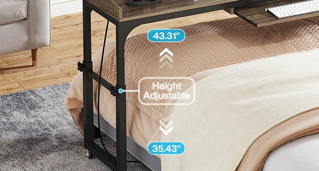 Height Adjustable Overbed Table with Wheels for Queen Size Bed