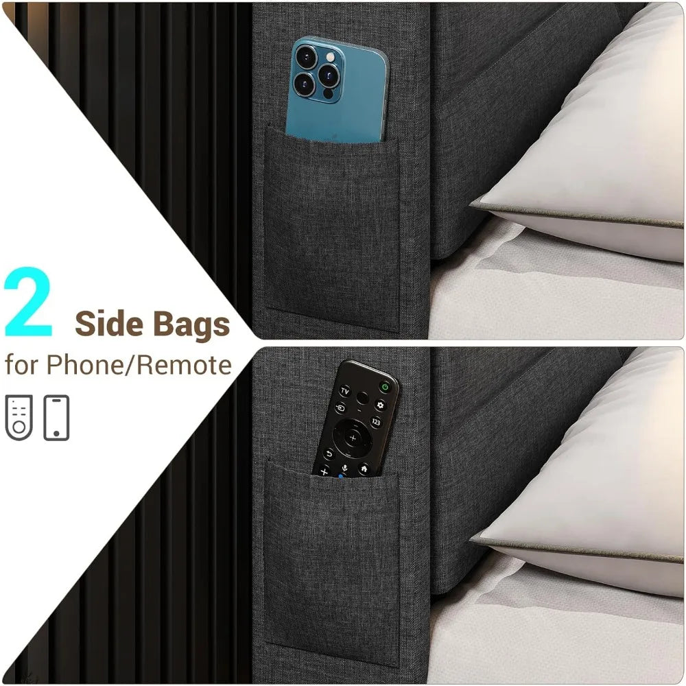 Queen Floating Bed Frame with RGB LED Lights Headboard, USB-C/A Power Combo, Linen Upholstered Platform Bed with Storage Headboa